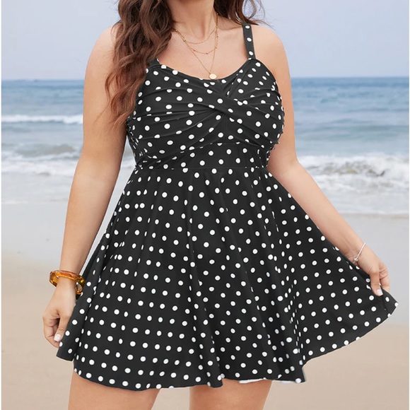 Size 22 - 24 • 3x • BloomChic • black Polka Dot Crossover Flutter Hem Swim Dress - Picture 6 of 7